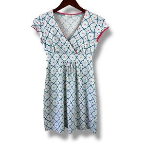 Boden Size 2 Petite Cap Sleeve Casual Dress Abstract Floral White Blue Coastal
